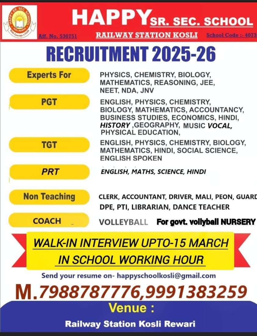 School Jobs at  Happy Sr. Sec. School ,  Rewari